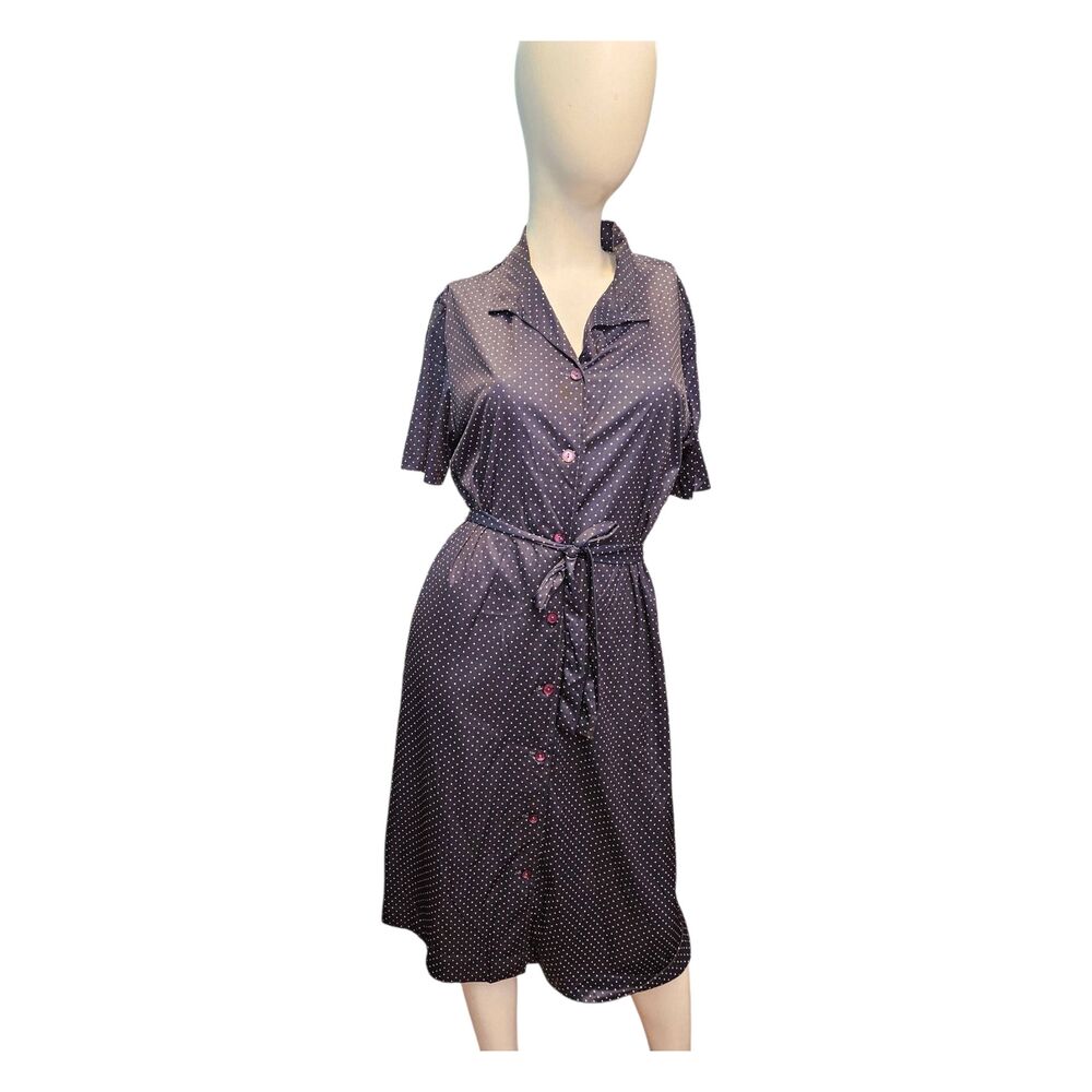 Vintage 70's Navy Polka Dot Shirt Dress Womens size Large